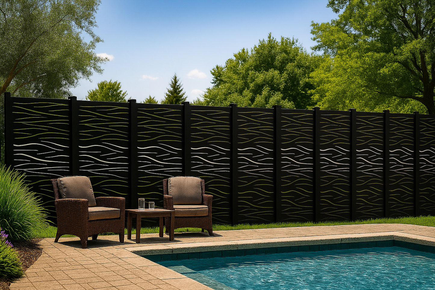 Two brown chairs with cushions by a poolside against a decorative black fence.